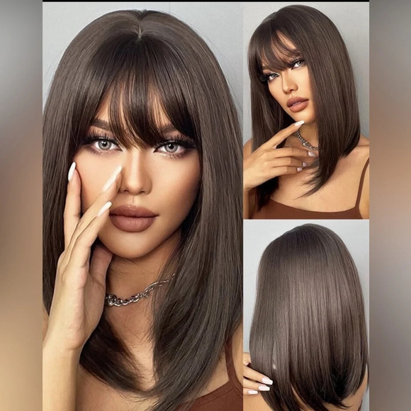 NEW! RICH DARK BROWN |  Short Wig With Bangs 16” - Picture 1 of 11